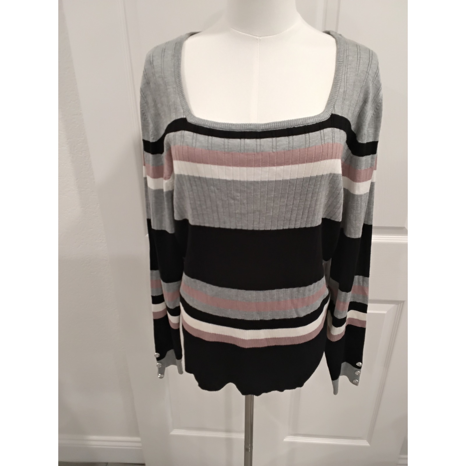 Nwt Liz Claiborne Striped Square Neck Sweater Xxl Grey Pink Black Long Sleeve